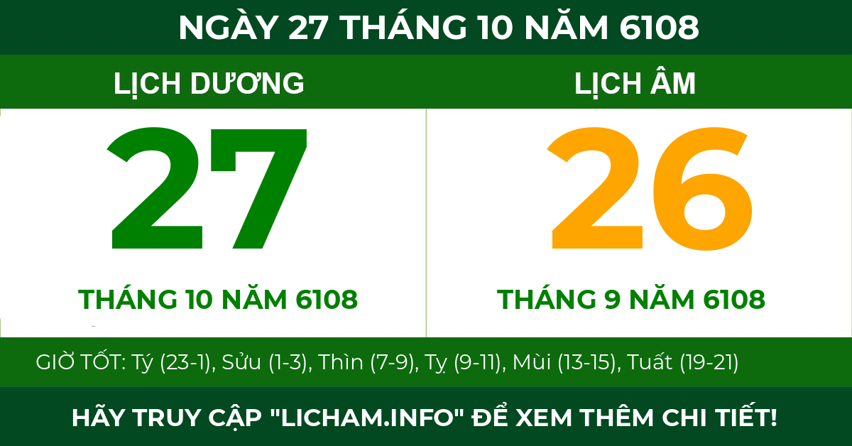 lịch âm ngày 27 tháng 10 năm 6108