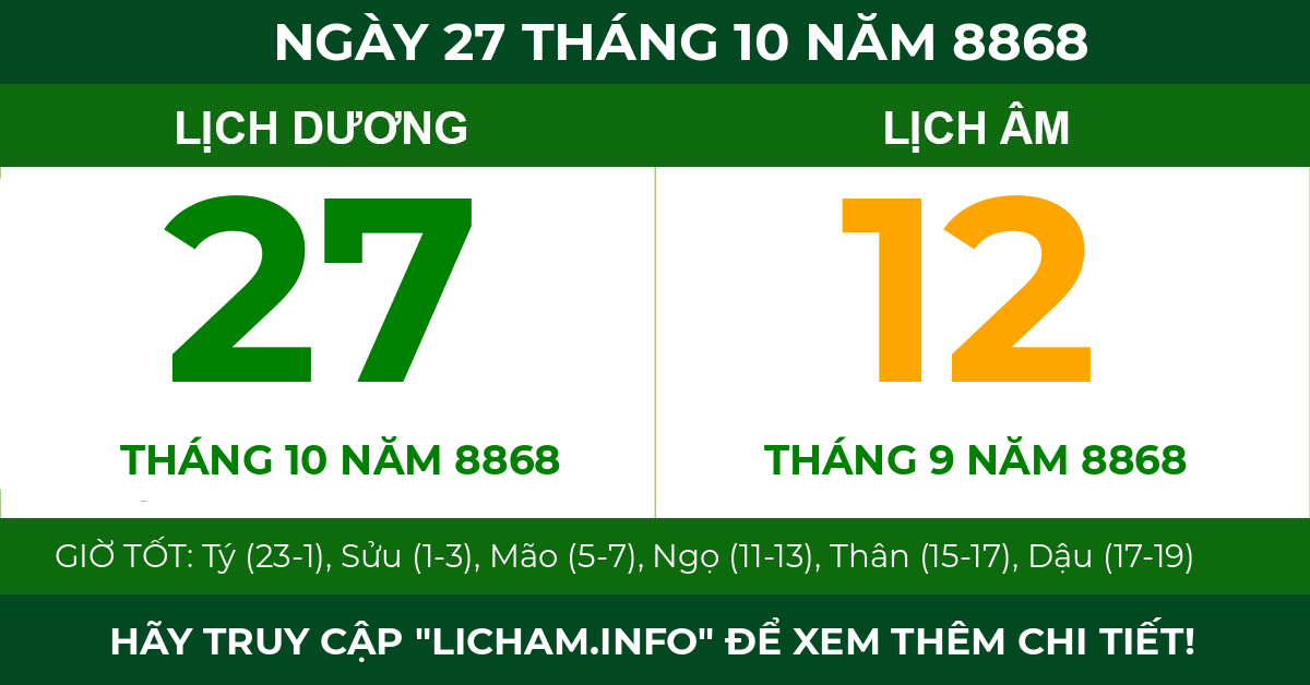 lịch âm ngày 27 tháng 10 năm 8868