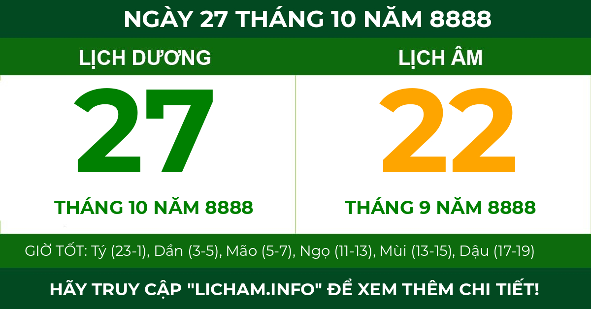 lịch âm ngày 27 tháng 10 năm 8888
