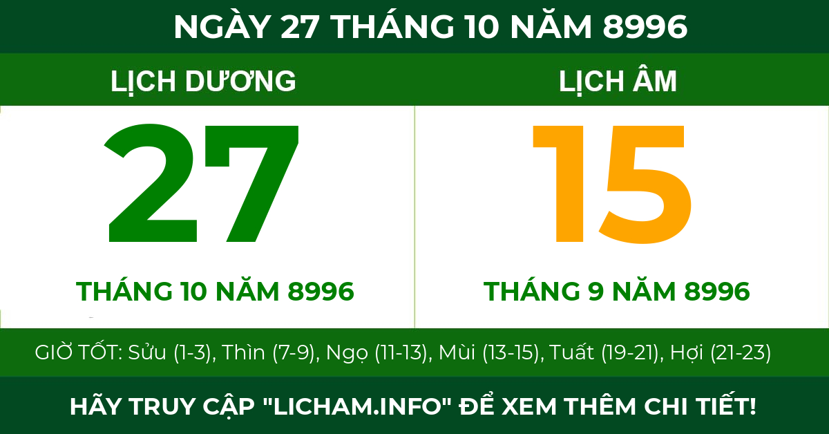 lịch âm ngày 27 tháng 10 năm 8996