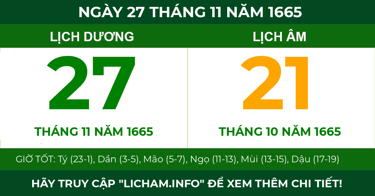 lịch âm ngày 27 tháng 11 năm 1665