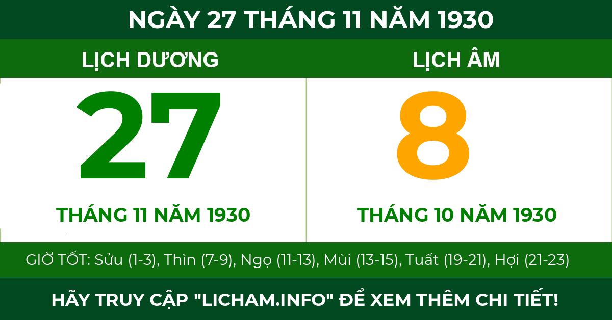 lịch âm ngày 27 tháng 11 năm 1930