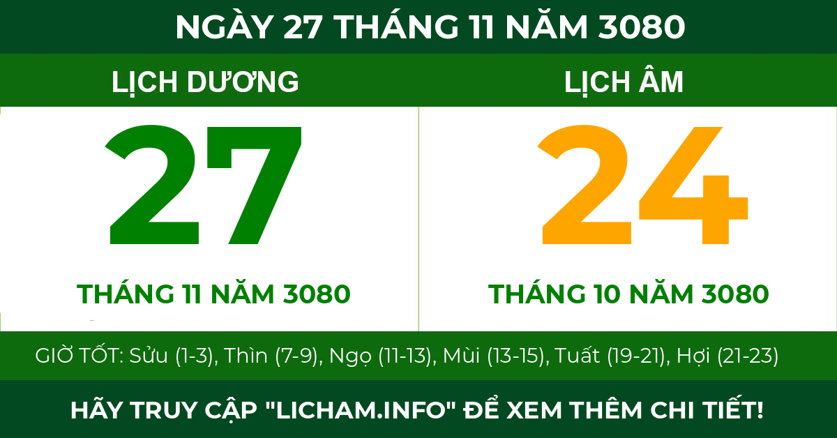 lịch âm ngày 27 tháng 11 năm 3080