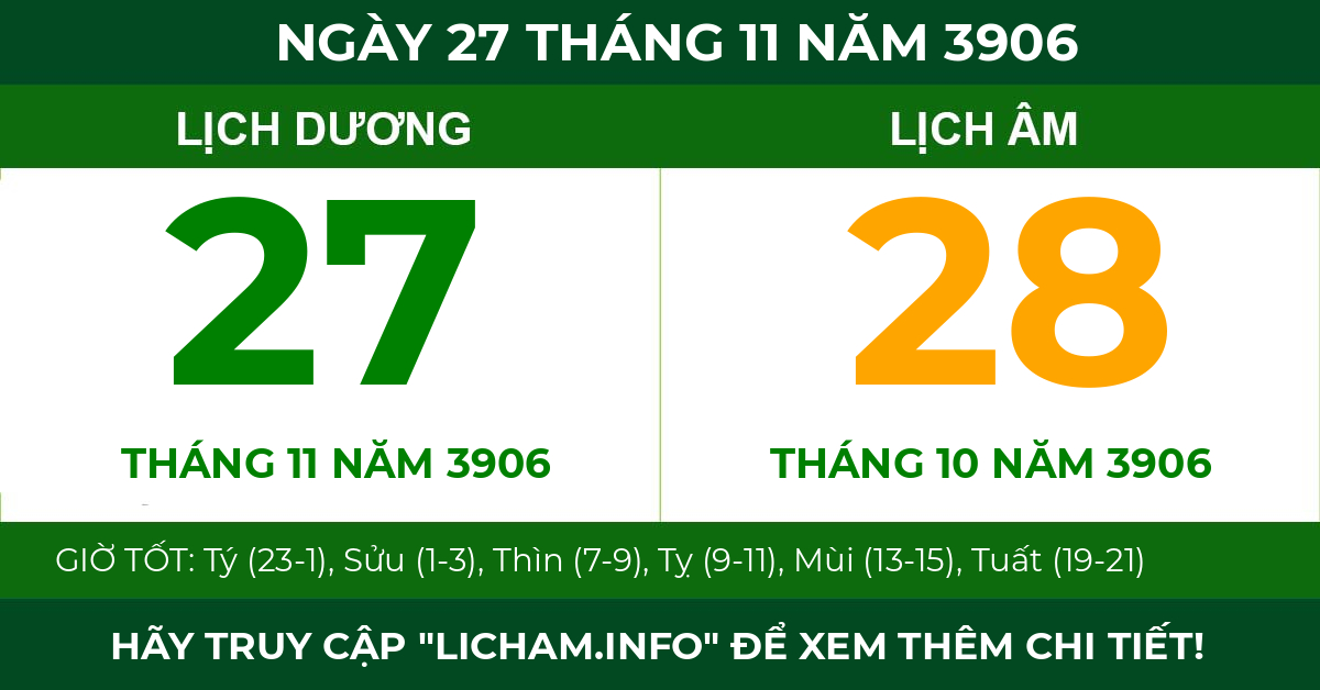 lịch âm ngày 27 tháng 11 năm 3906