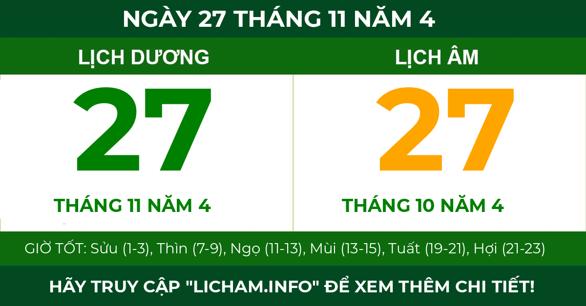 lịch âm ngày 27 tháng 11 năm 4