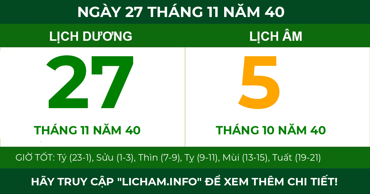 lịch âm ngày 27 tháng 11 năm 40