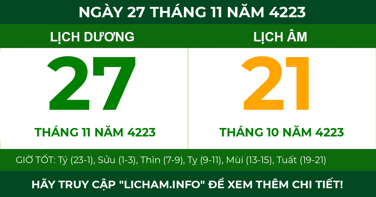 lịch âm ngày 27 tháng 11 năm 4223