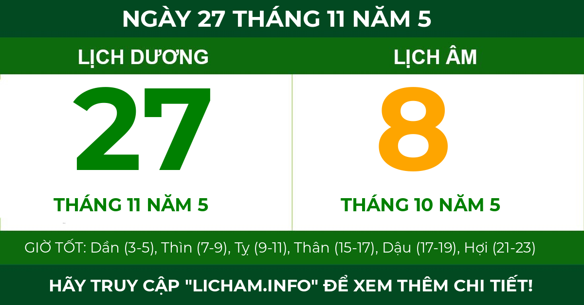 lịch âm ngày 27 tháng 11 năm 5