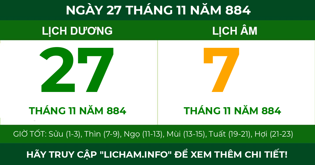 lịch âm ngày 27 tháng 11 năm 884