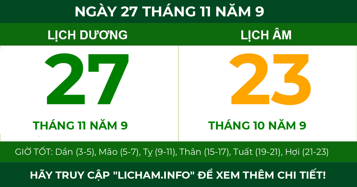 lịch âm ngày 27 tháng 11 năm 9