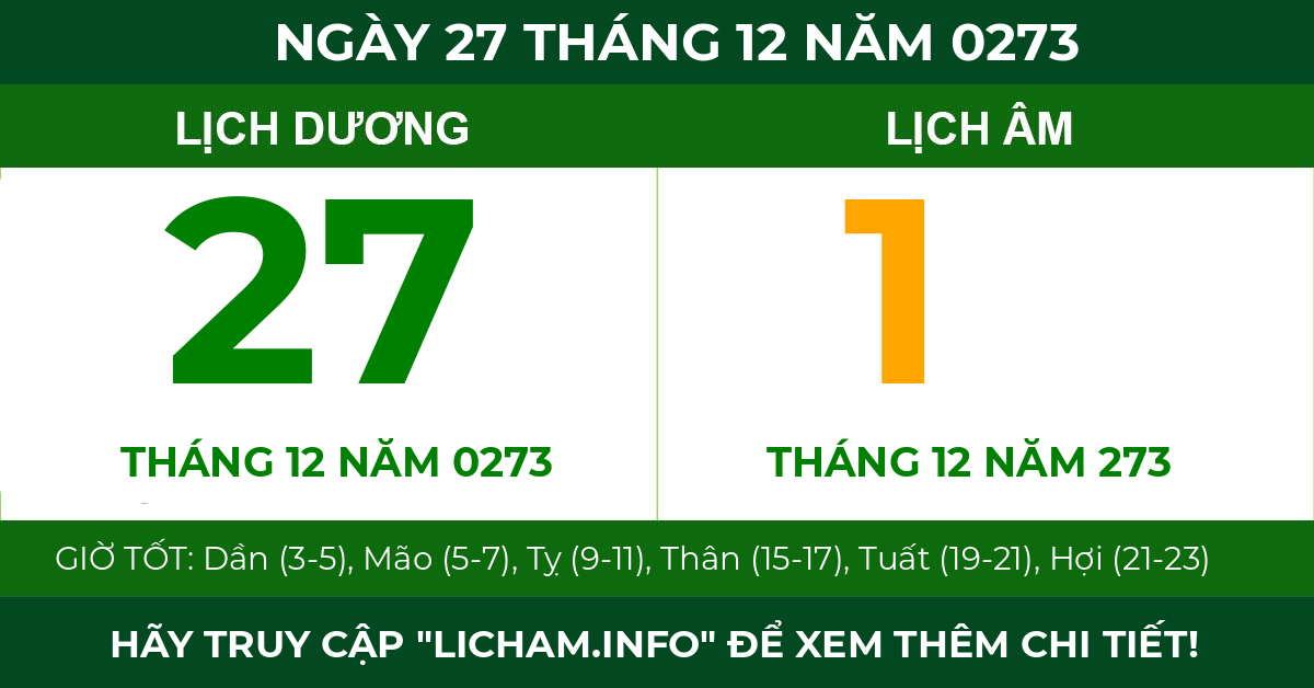 lịch âm ngày 27 tháng 12 năm 0273