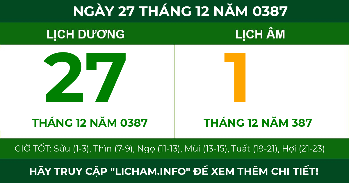 lịch âm ngày 27 tháng 12 năm 0387