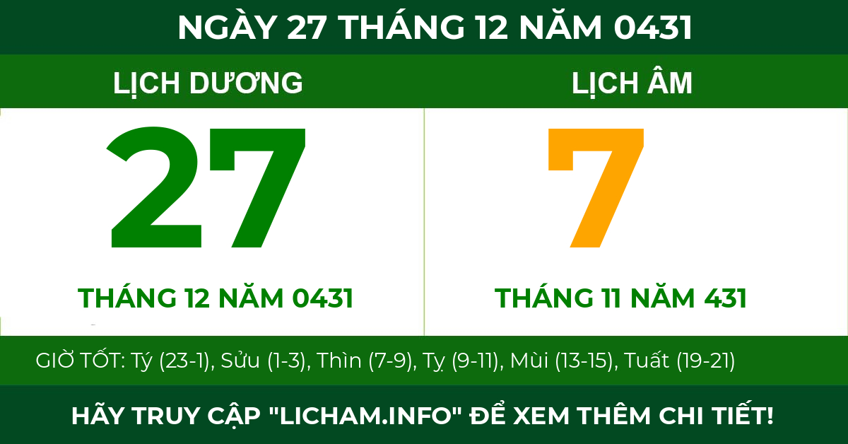 lịch âm ngày 27 tháng 12 năm 0431