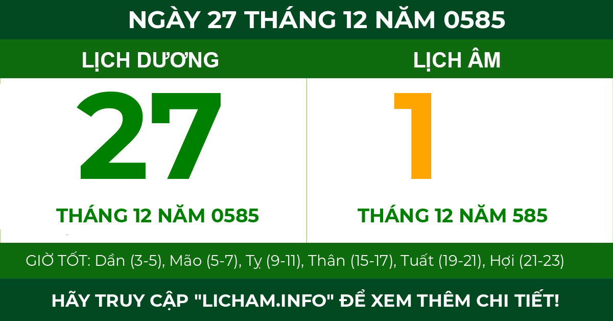 lịch âm ngày 27 tháng 12 năm 0585