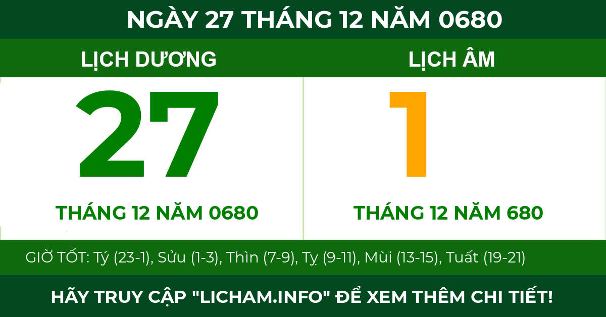 lịch âm ngày 27 tháng 12 năm 0680