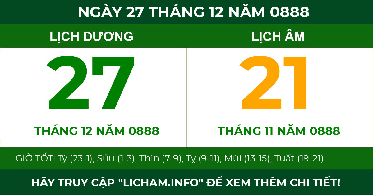 lịch âm ngày 27 tháng 12 năm 0888