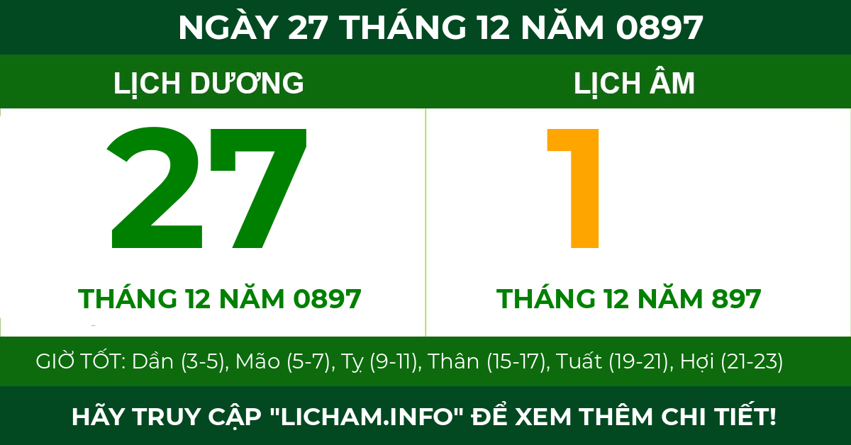 lịch âm ngày 27 tháng 12 năm 0897