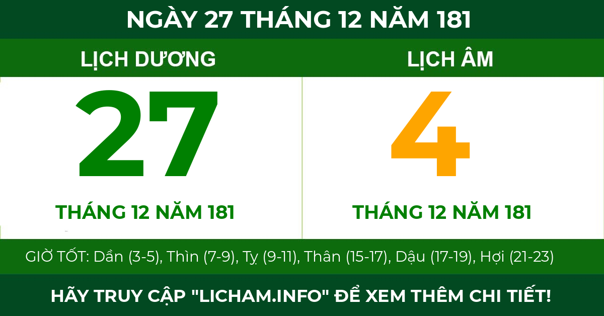 lịch âm ngày 27 tháng 12 năm 181