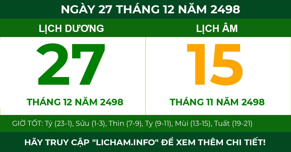 lịch âm ngày 27 tháng 12 năm 2498