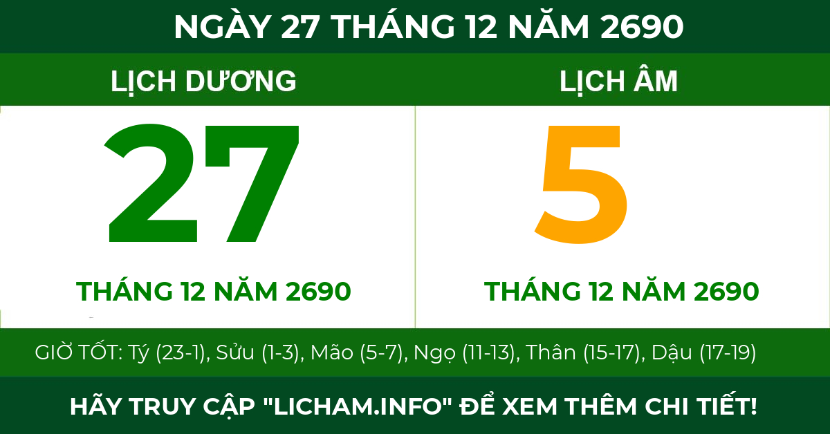 lịch âm ngày 27 tháng 12 năm 2690