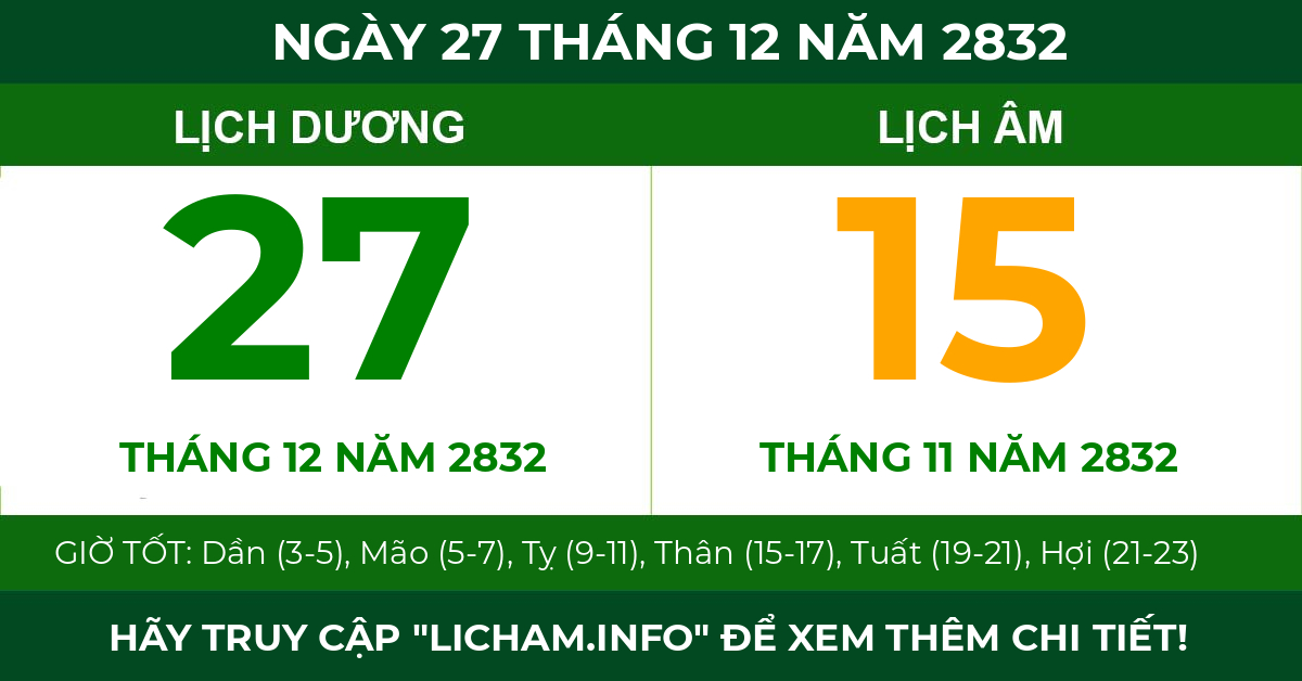 lịch âm ngày 27 tháng 12 năm 2832