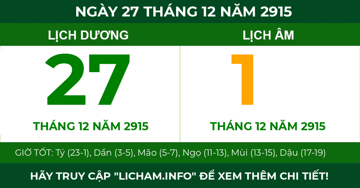 lịch âm ngày 27 tháng 12 năm 2915