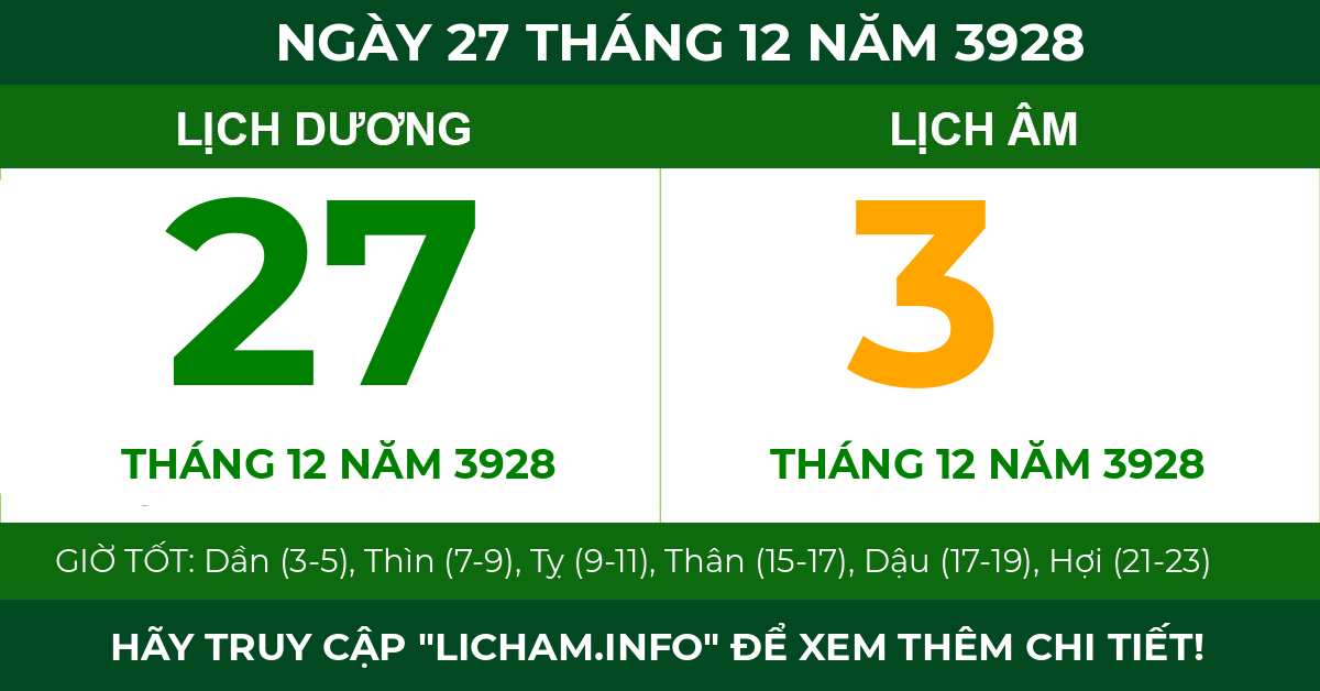 lịch âm ngày 27 tháng 12 năm 3928