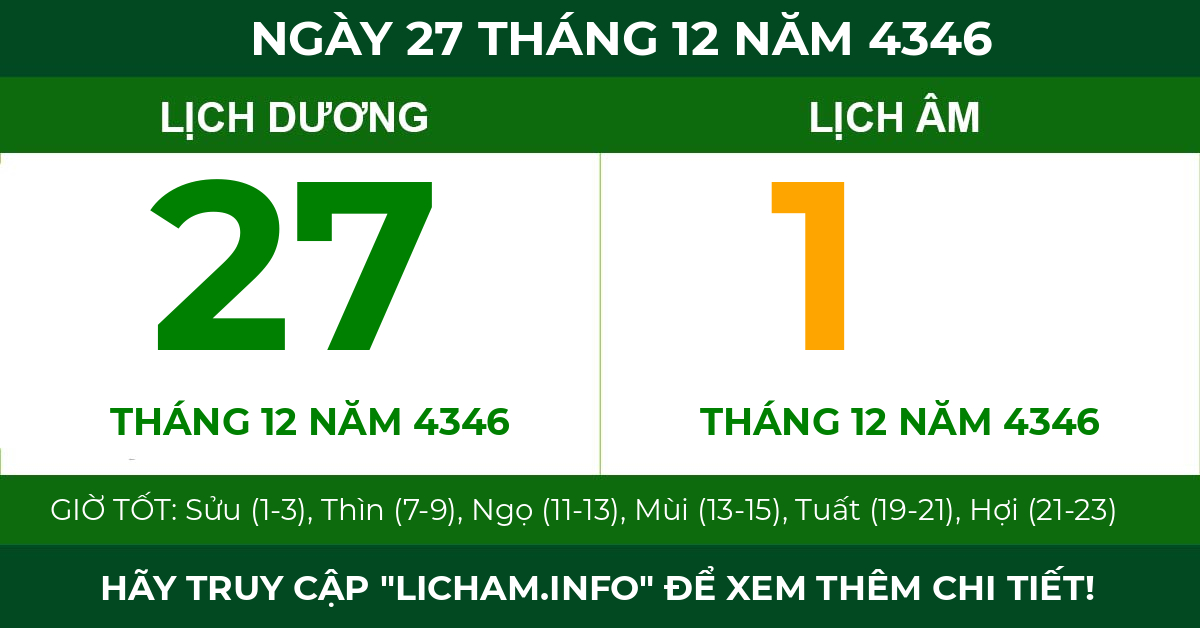 lịch âm ngày 27 tháng 12 năm 4346