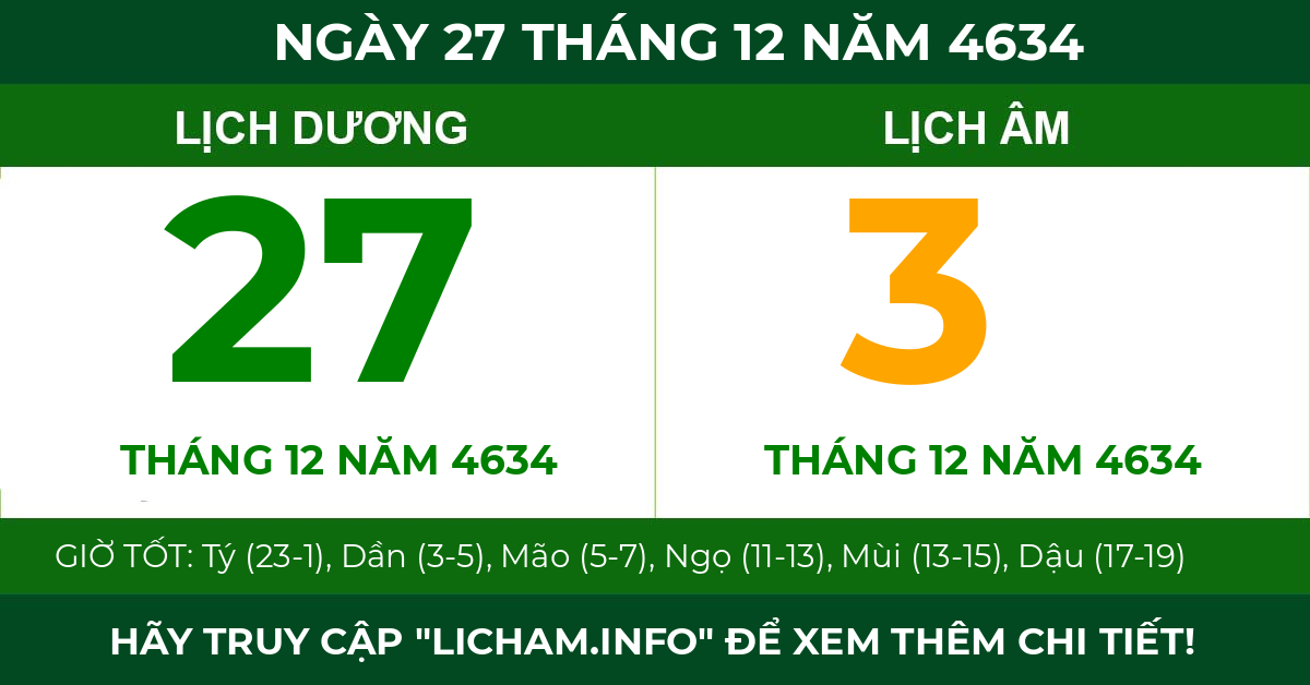 lịch âm ngày 27 tháng 12 năm 4634