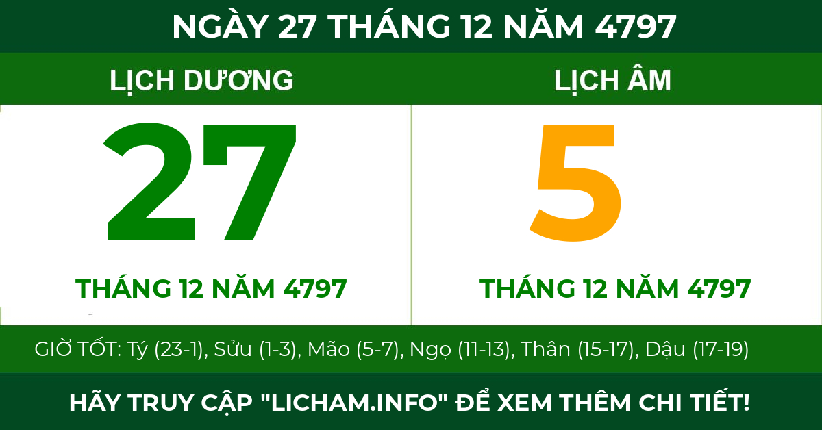 lịch âm ngày 27 tháng 12 năm 4797