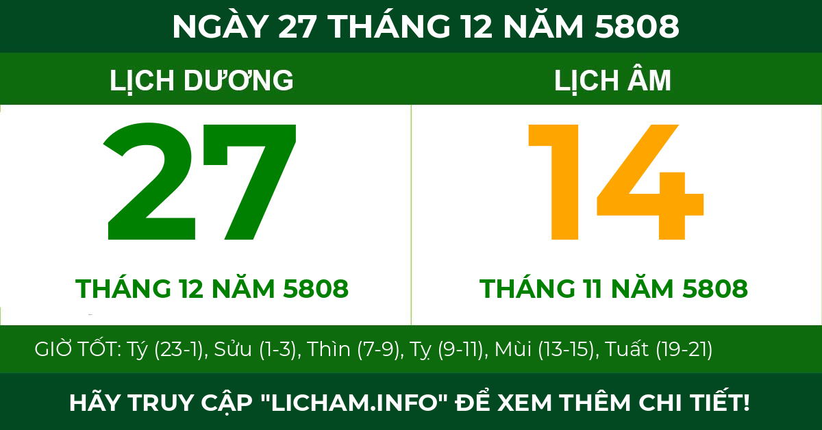 lịch âm ngày 27 tháng 12 năm 5808