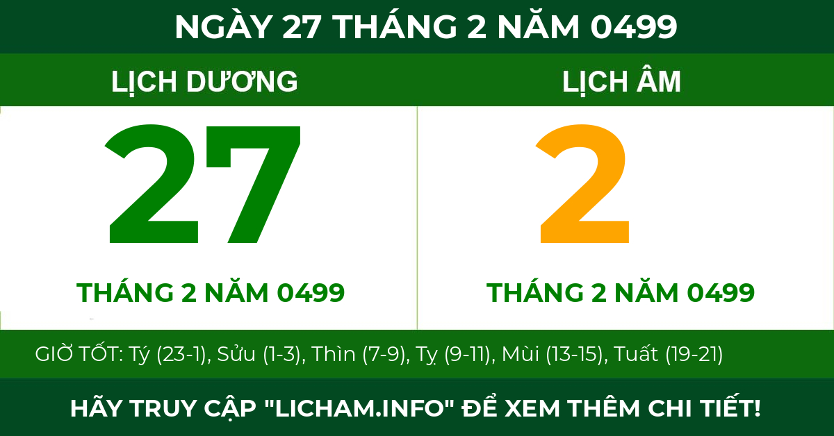 lịch âm ngày 27 tháng 2 năm 0499