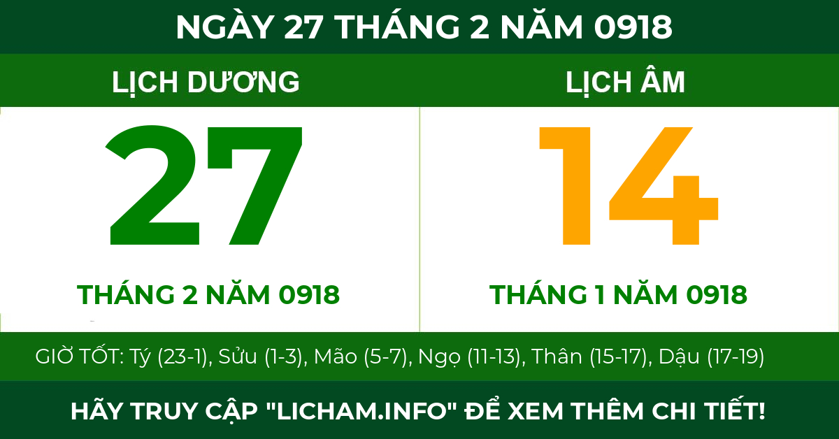 lịch âm ngày 27 tháng 2 năm 0918