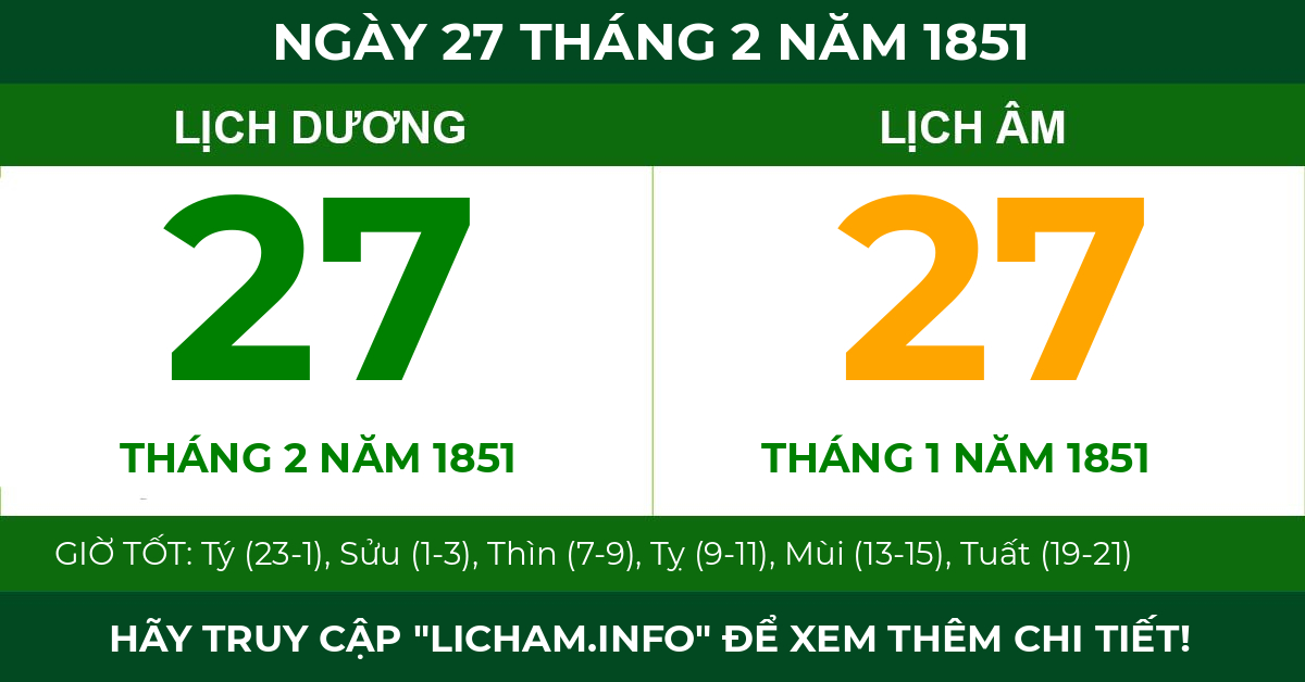lịch âm ngày 27 tháng 2 năm 1851