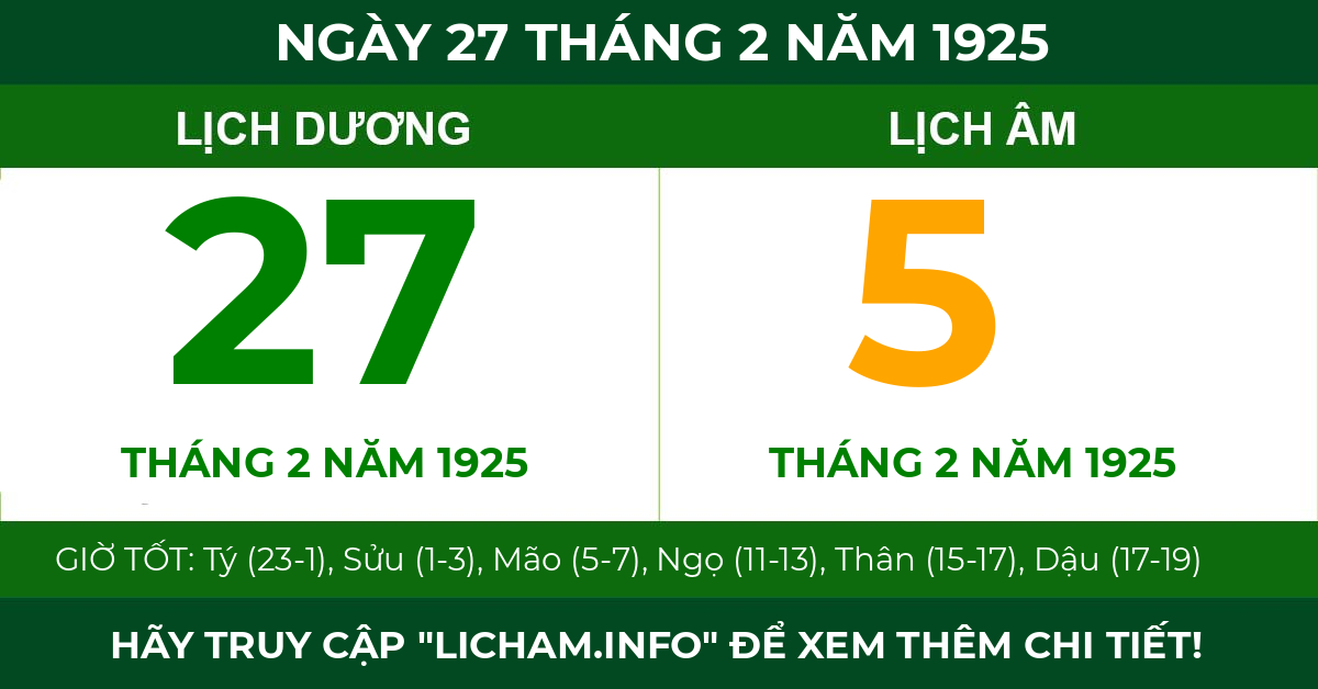 lịch âm ngày 27 tháng 2 năm 1925