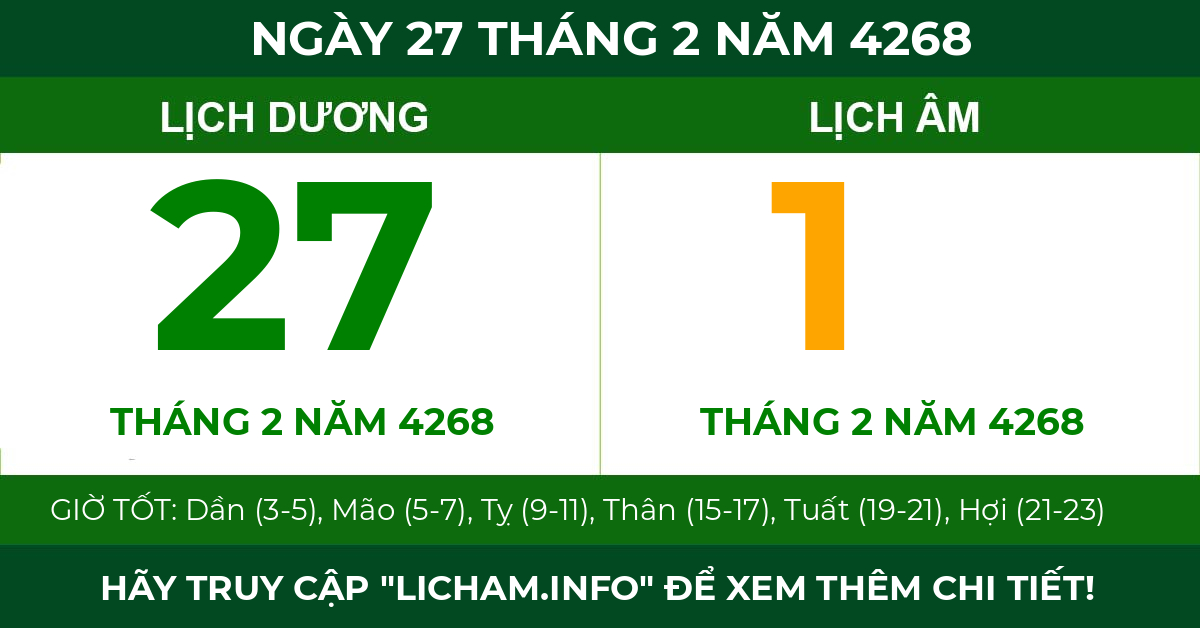 lịch âm ngày 27 tháng 2 năm 4268