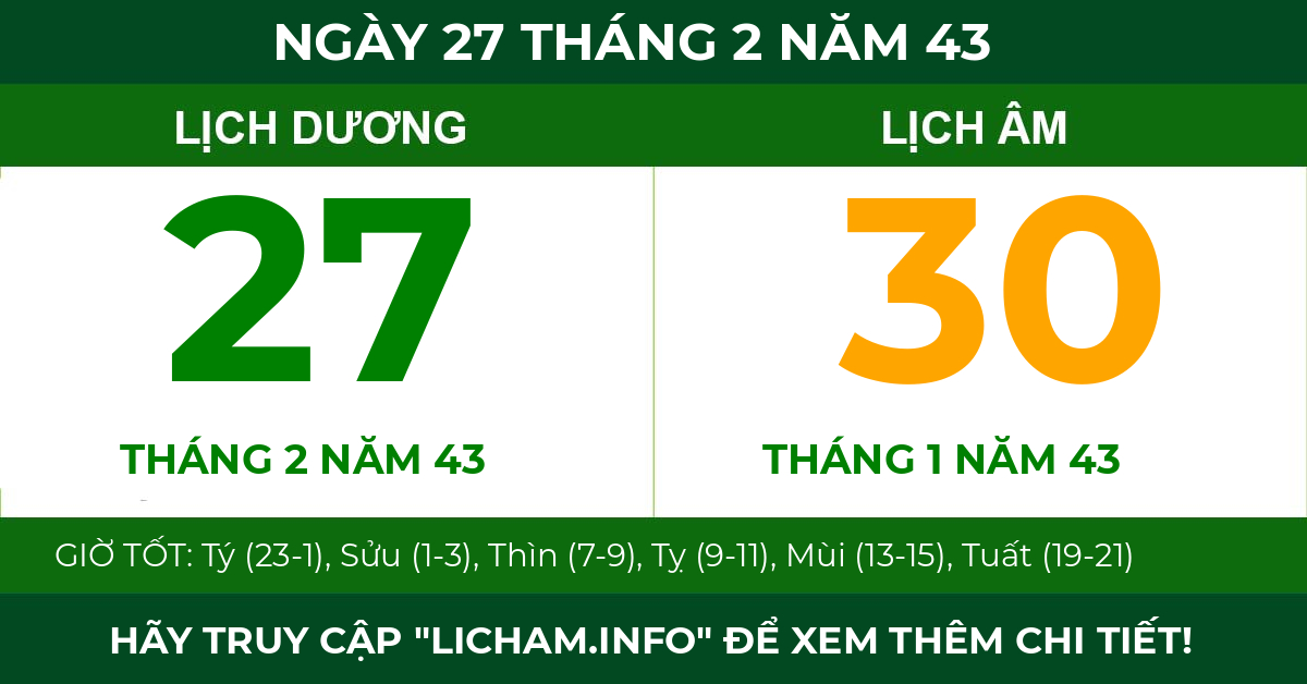 lịch âm ngày 27 tháng 2 năm 43