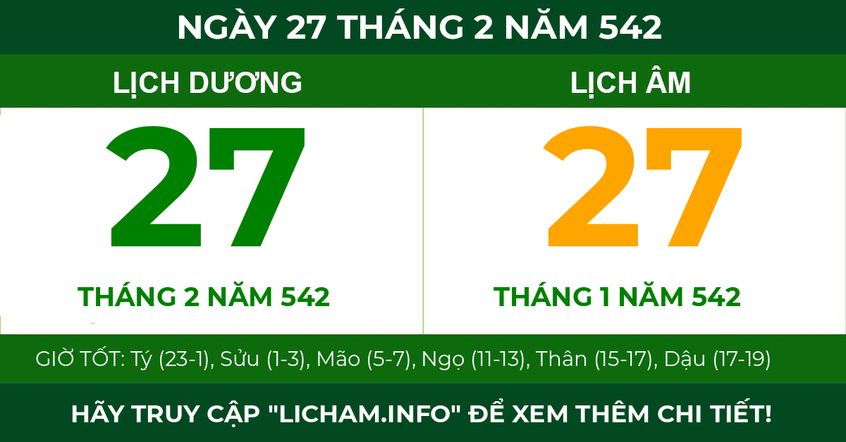 lịch âm ngày 27 tháng 2 năm 542