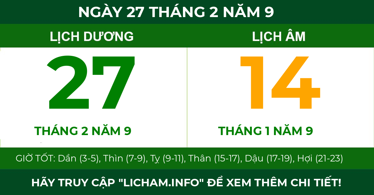 lịch âm ngày 27 tháng 2 năm 9