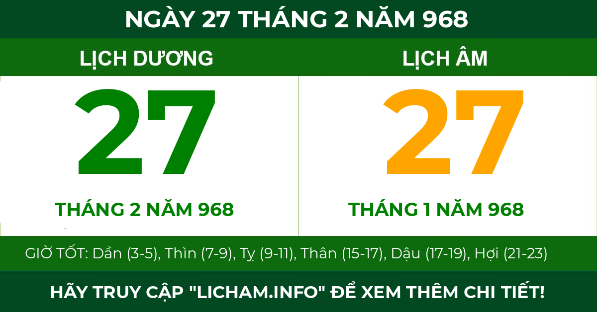lịch âm ngày 27 tháng 2 năm 968