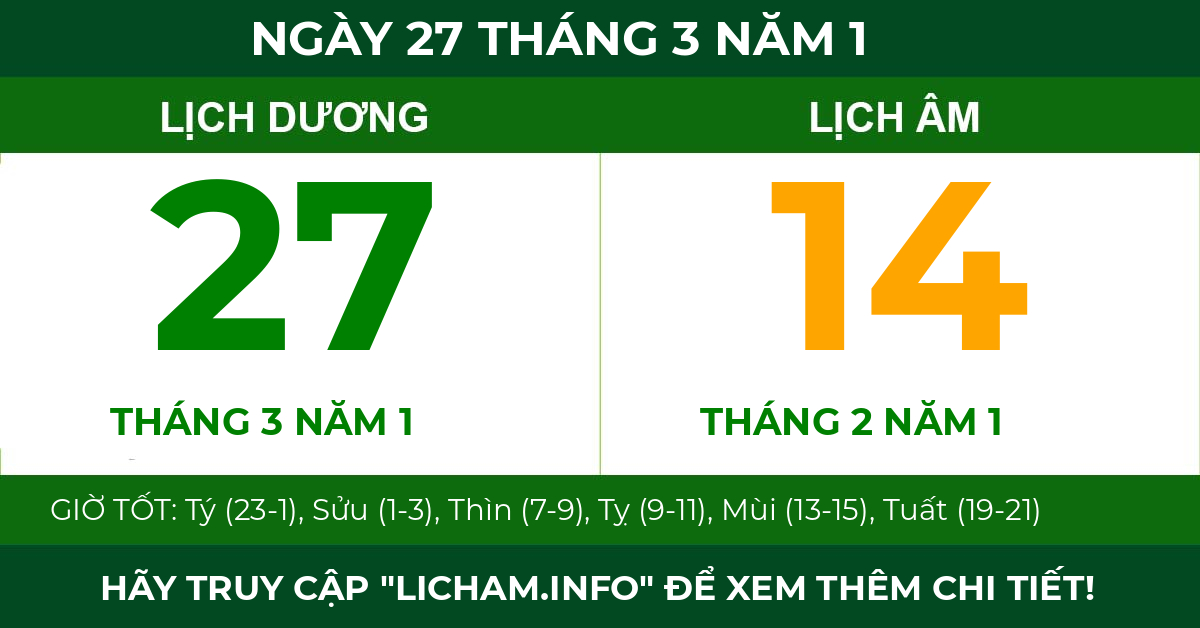lịch âm ngày 27 tháng 3 năm 1