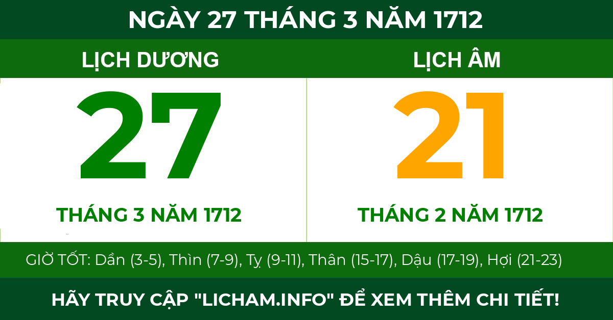 lịch âm ngày 27 tháng 3 năm 1712