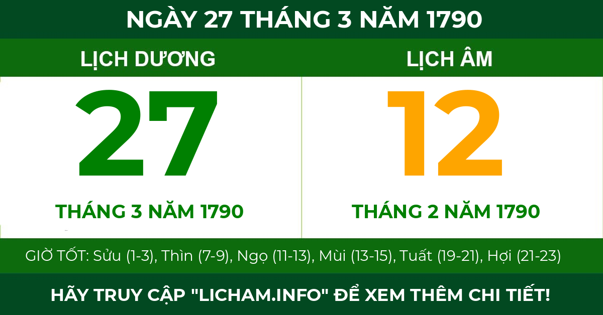 lịch âm ngày 27 tháng 3 năm 1790