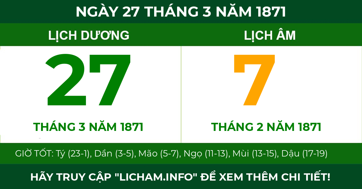 lịch âm ngày 27 tháng 3 năm 1871