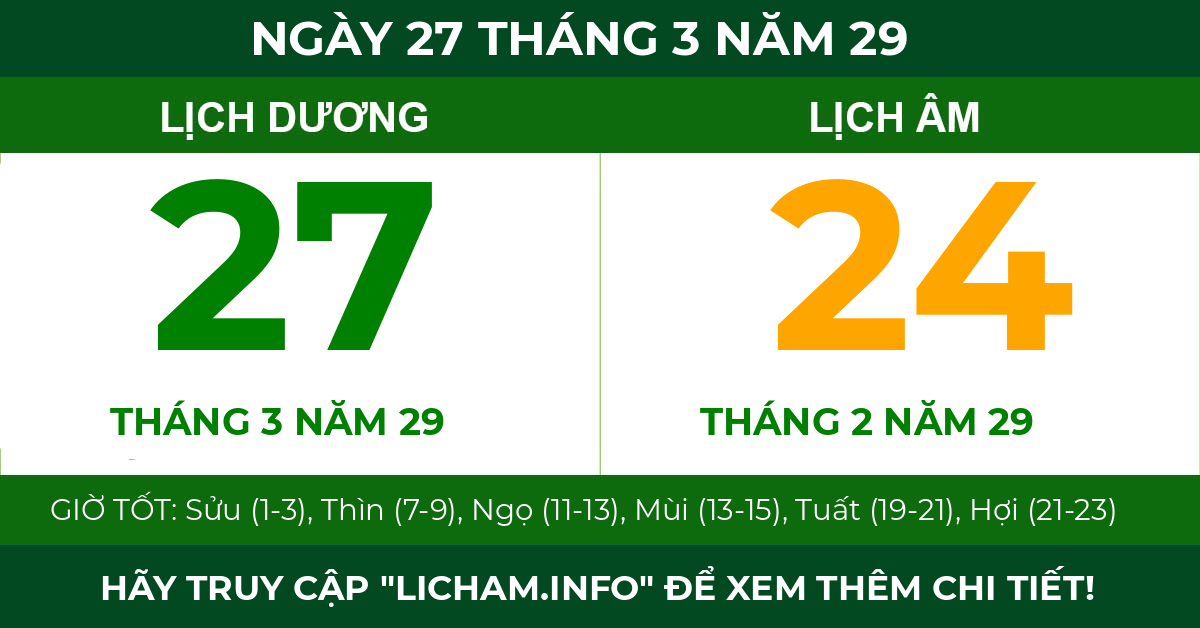 lịch âm ngày 27 tháng 3 năm 29
