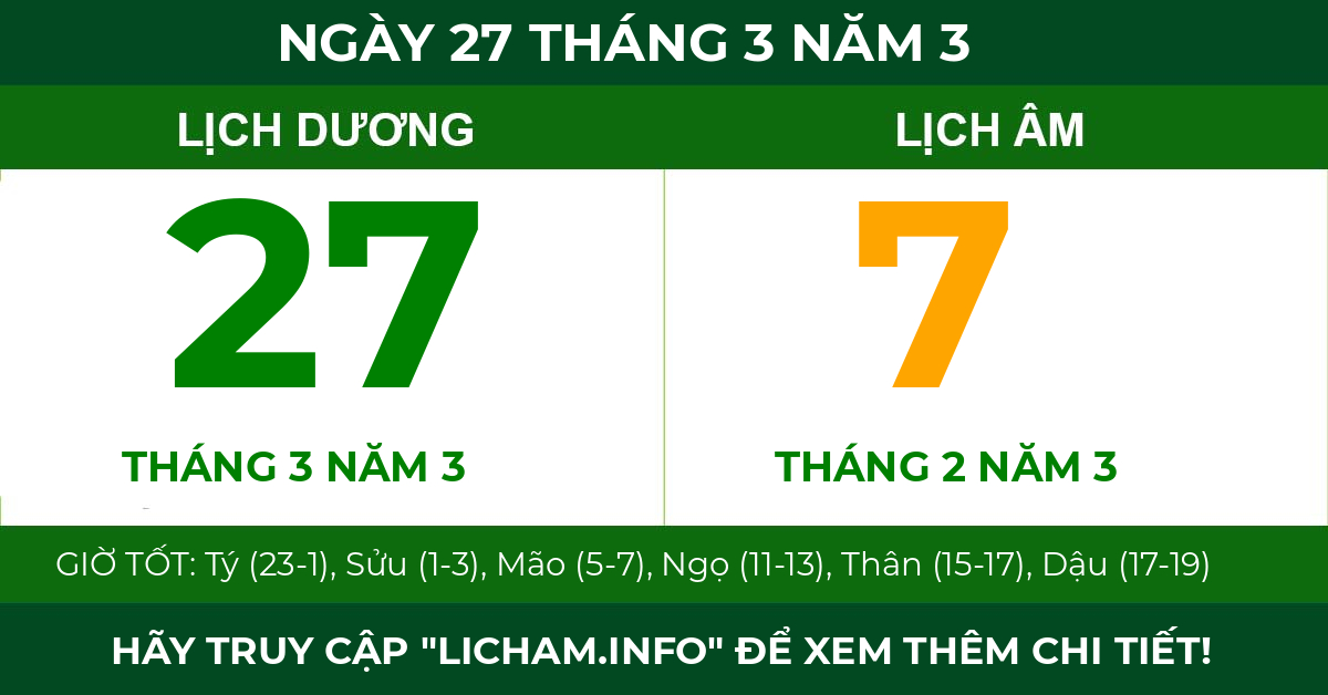 lịch âm ngày 27 tháng 3 năm 3