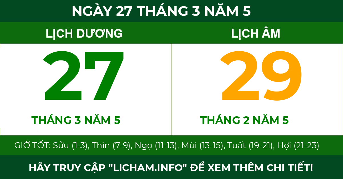lịch âm ngày 27 tháng 3 năm 5