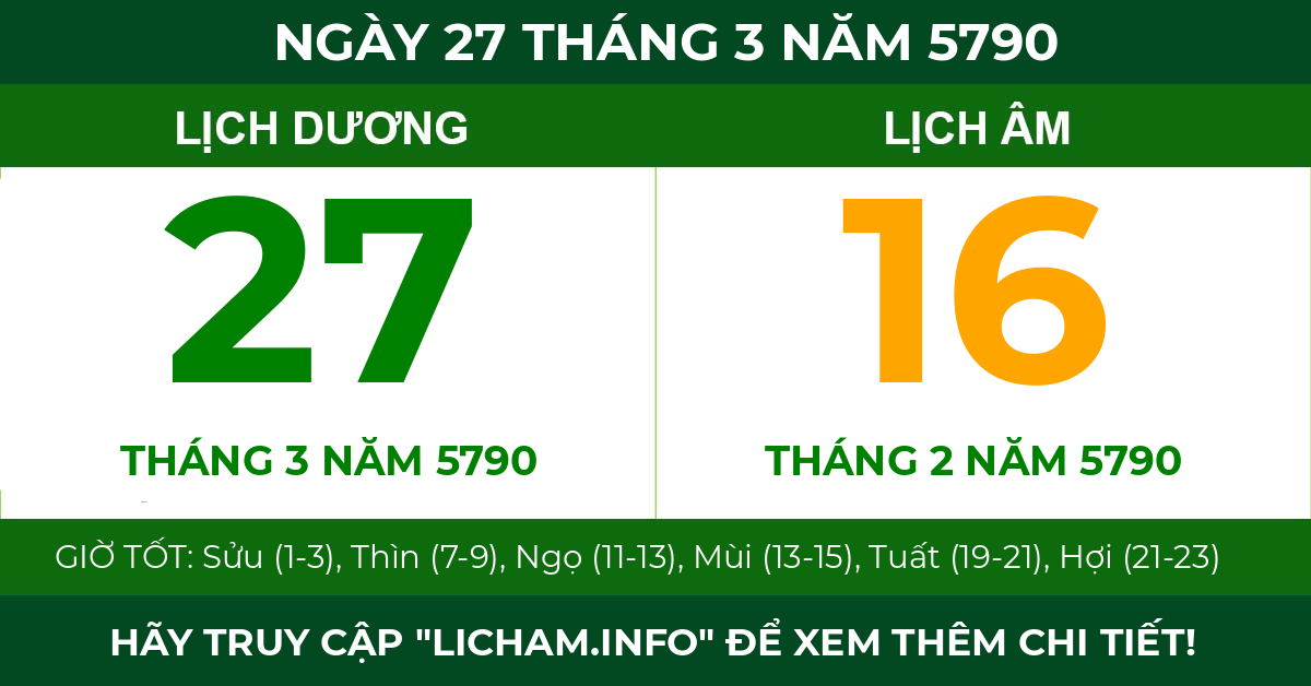 lịch âm ngày 27 tháng 3 năm 5790