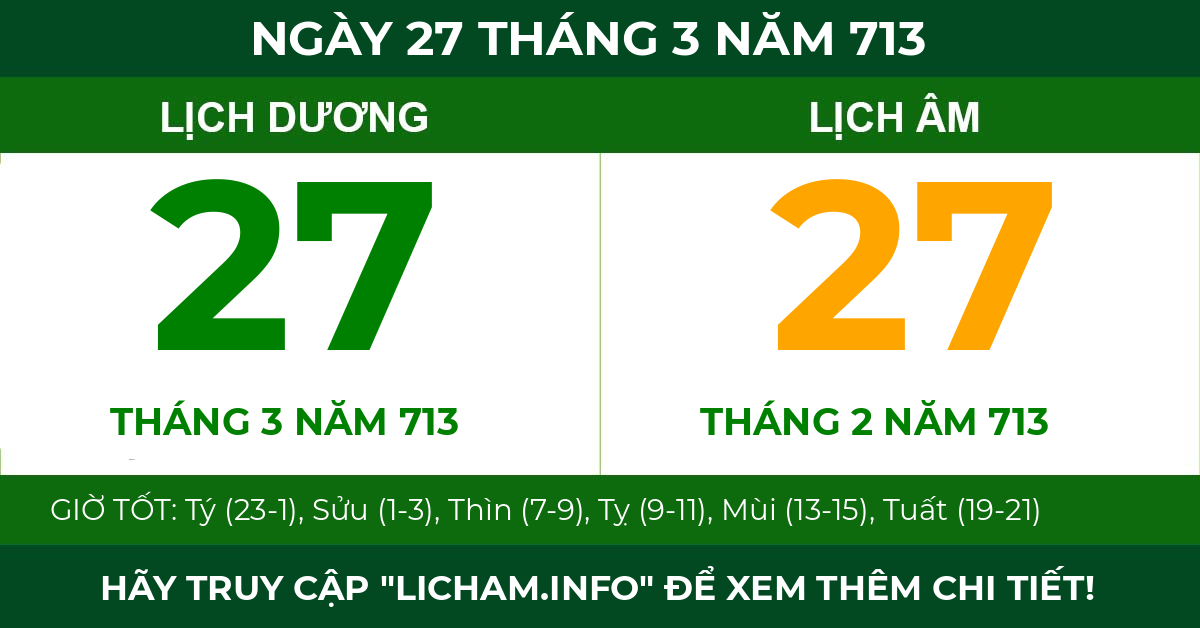 lịch âm ngày 27 tháng 3 năm 713