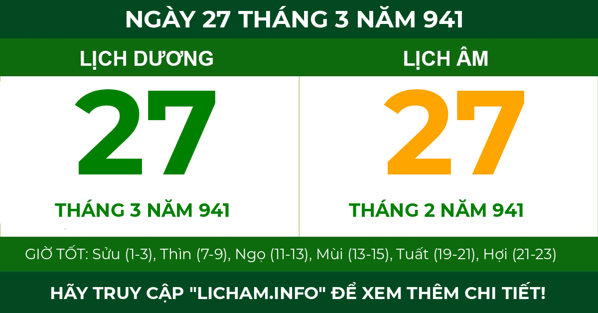 lịch âm ngày 27 tháng 3 năm 941